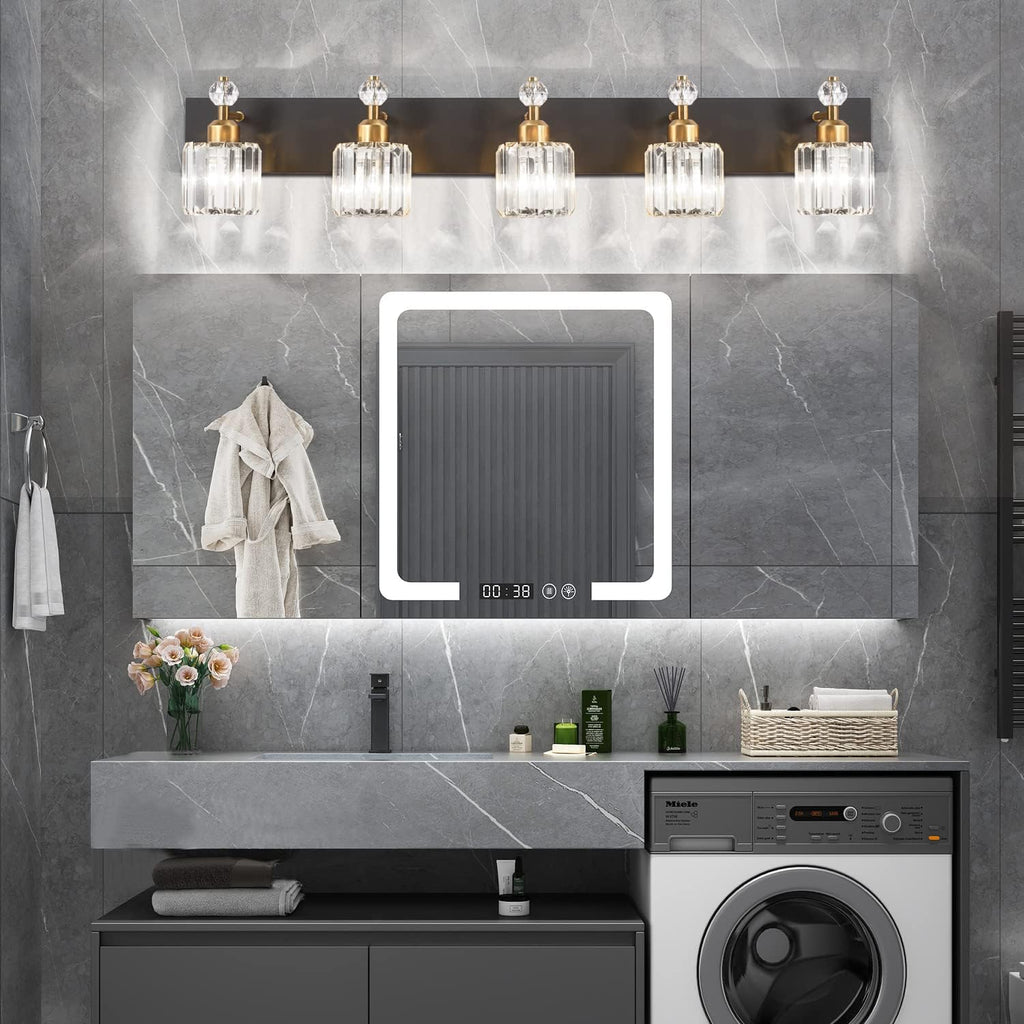PRESDE 5-Light Crystal Bathroom Vanity Light, Modern Black and Gold Wall Sconce ， Wall Lamp for Over Mirror Bedroom Hallway