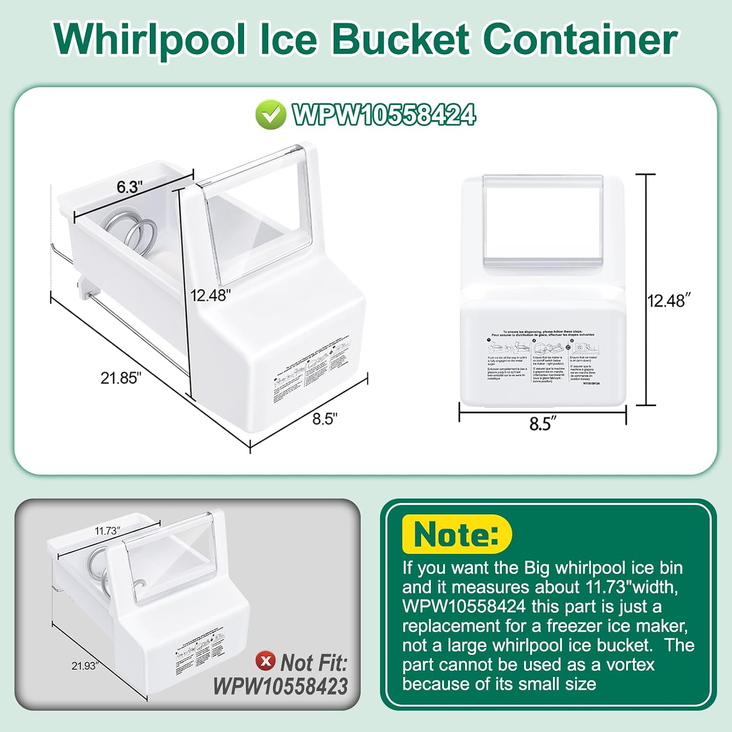 Upgraded WPW10558424 W10558424 Refrigerator Ice Bucket Replacement Compatible with Whirlpool Ice Maker Ice Tray WRS321SDHZ08, WRS321SDHZ05, WRS321SDHZ01, WRS322FDAM04 Parts for Whirlpool Ice Bin Tray