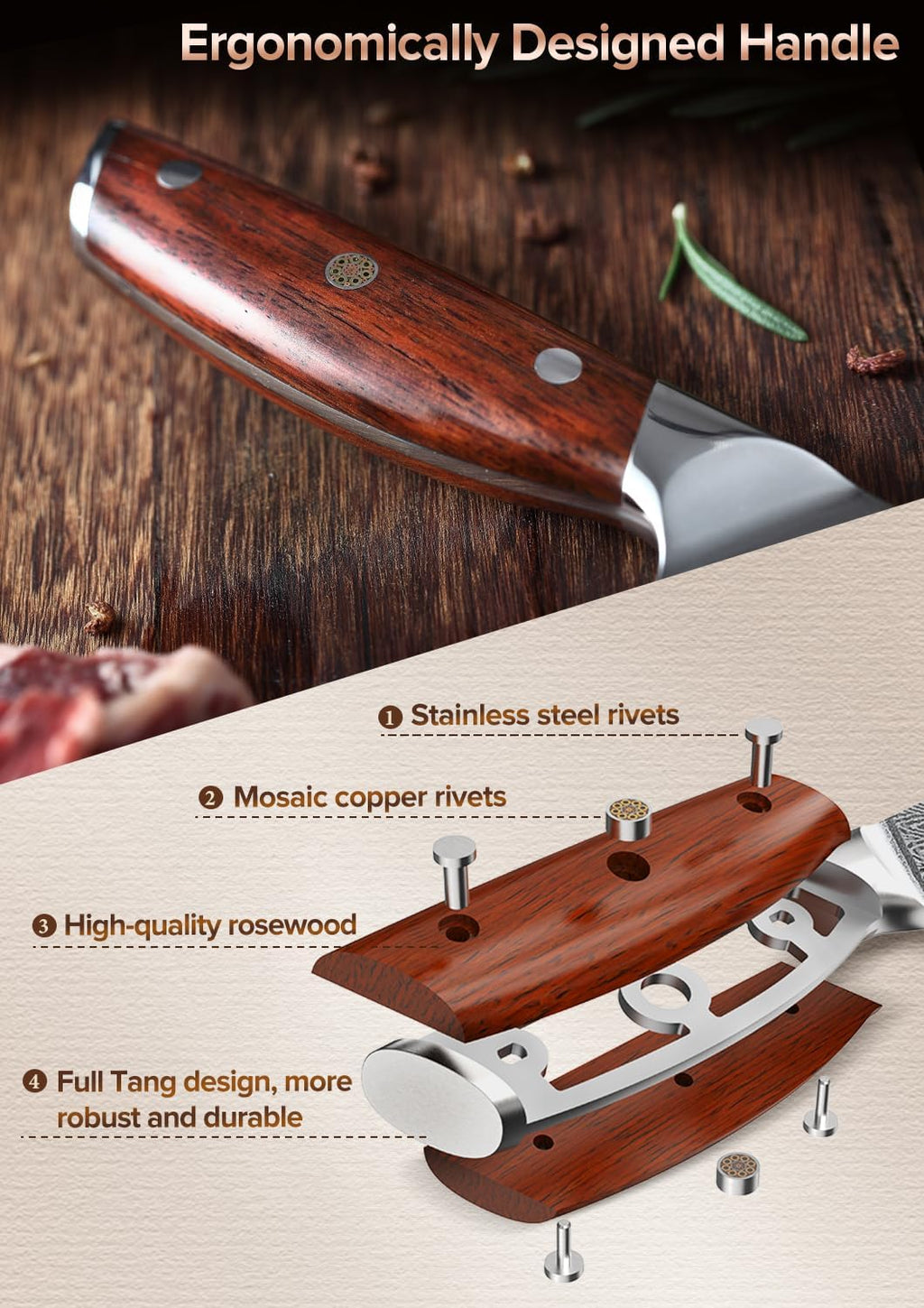 XINZUO 5 Pcs Knife Set, Professional Super Damscus Steel Kitchen Knife Set, Ultra Sharp Blade, Natural Rose Handle, Chef Gift Box-Yi Series