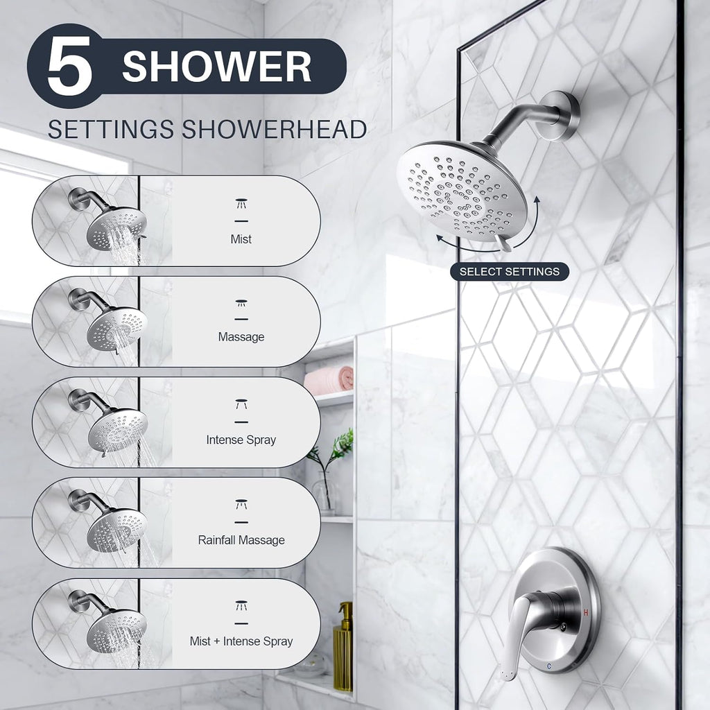 Shower Faucet with Valve, Bathroom Shower Faucet Kit, Solid Brass Shower Head Faucet Set Complete, Single Handle Rain Shower Head Trim Kit for Bathroom, Brushed Nickel