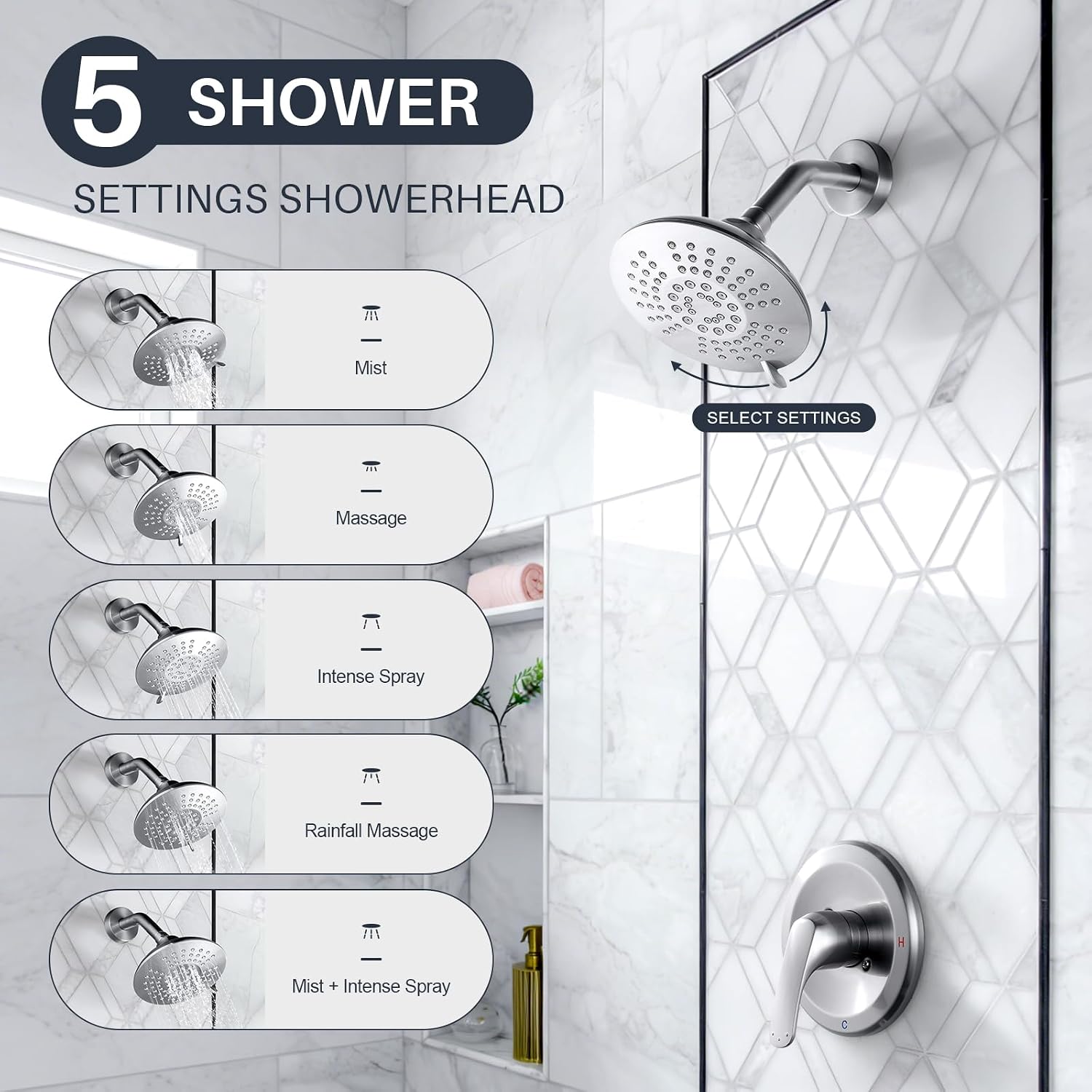 Shower Faucet with Valve, Bathroom Shower Faucet Kit, Solid Brass Shower Head Faucet Set Complete, Single Handle Rain Shower Head Trim Kit for Bathroom, Brushed Nickel