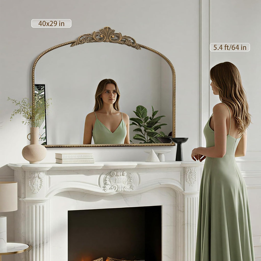 Micasso Large Vintage Gold Mirror: 40'x29' French Baroque Antique Arched Mirror - Traditional Ornate Decorative for Wall/Fireplace/Mantel/Entryway/Bathroom/Hallway - Home Decor for Living Room