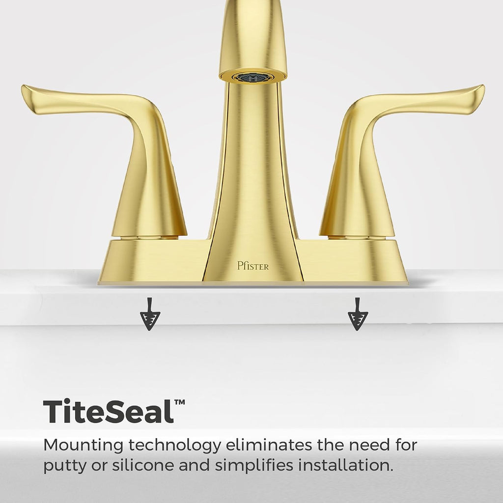 Pfister Willa Bathroom Sink Faucet 4 inch Centerset 2-Handle 3-Hole Vanity Faucet NSF Certified Brushed Gold Finish with Push & Seal Drain and TiteSeal Mounting Technology LF048MALBG