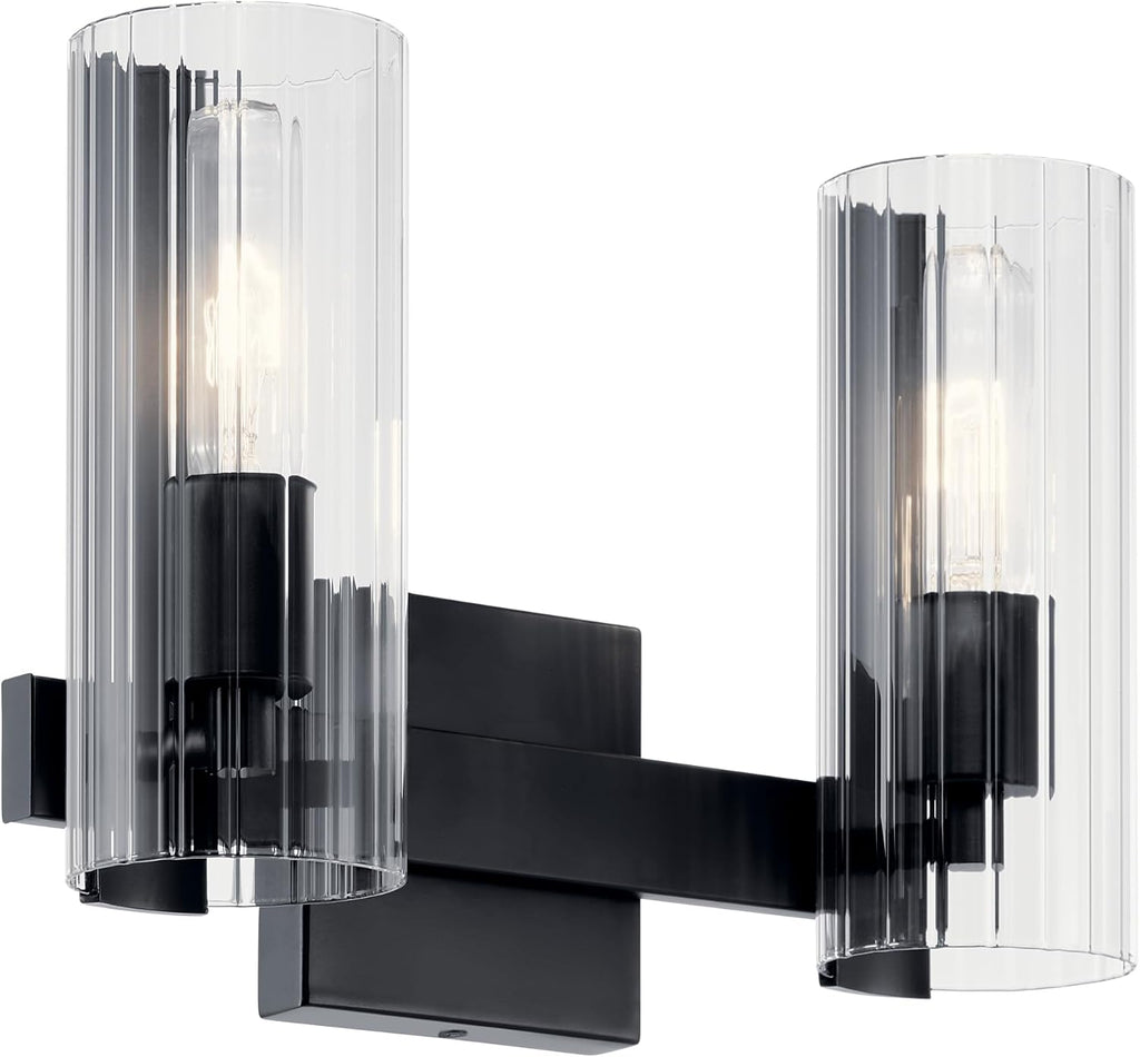 Kichler Jemsa 2-Light Bathroom Vanity Light Fixture with Clear Fluted Glass in Black, Modern Wall Mount Light for Bathroom or Powder Room (9.75' x 13.75'), 55167BK