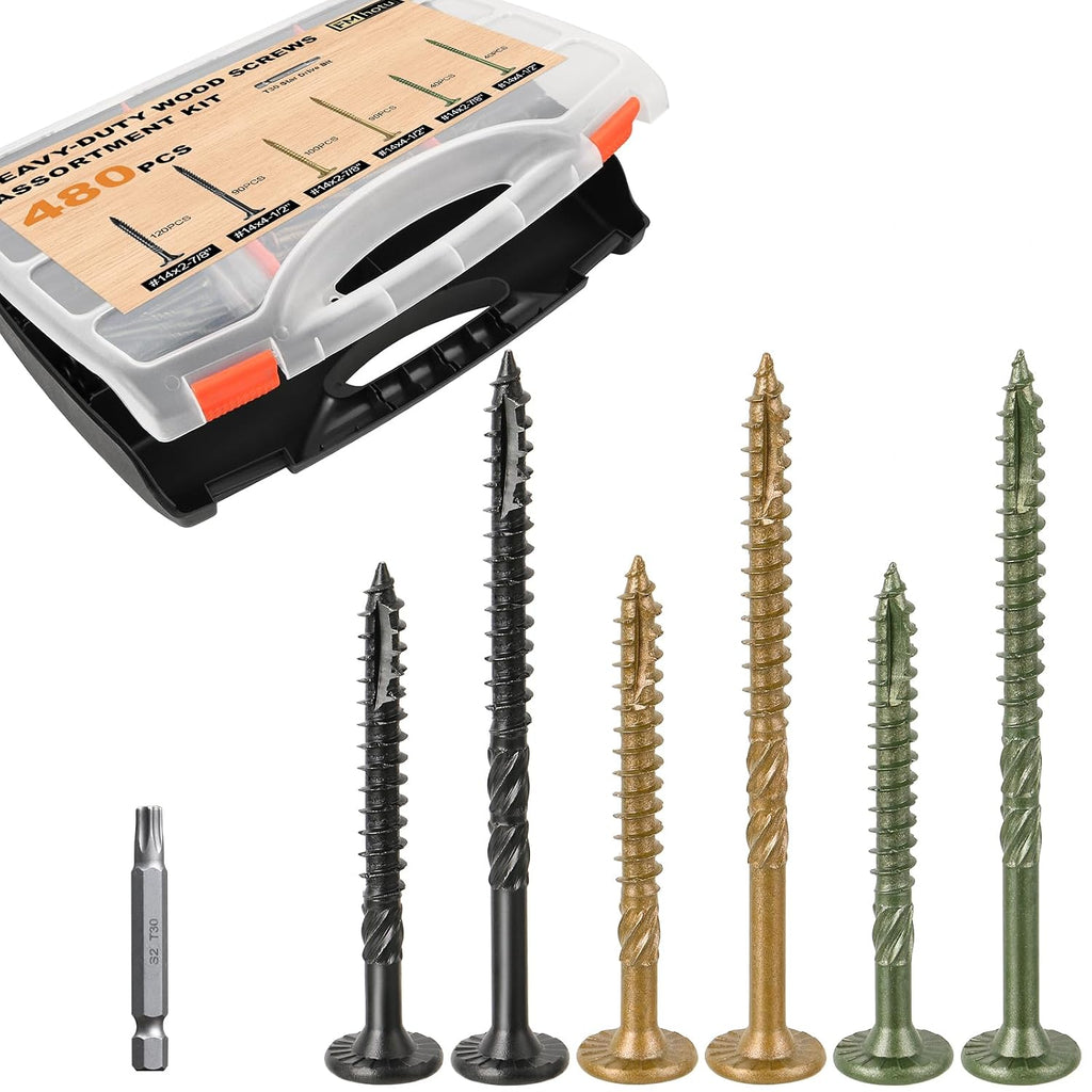 #14 Heavy-Duty Wood Screws Assortment Kit, 480Pcs Star Drive Decking Wood Screws, Rust Resistant Timber Screws for Log/Landscaping Wood (2-7/8',4-1/2') Black, Tan, Green