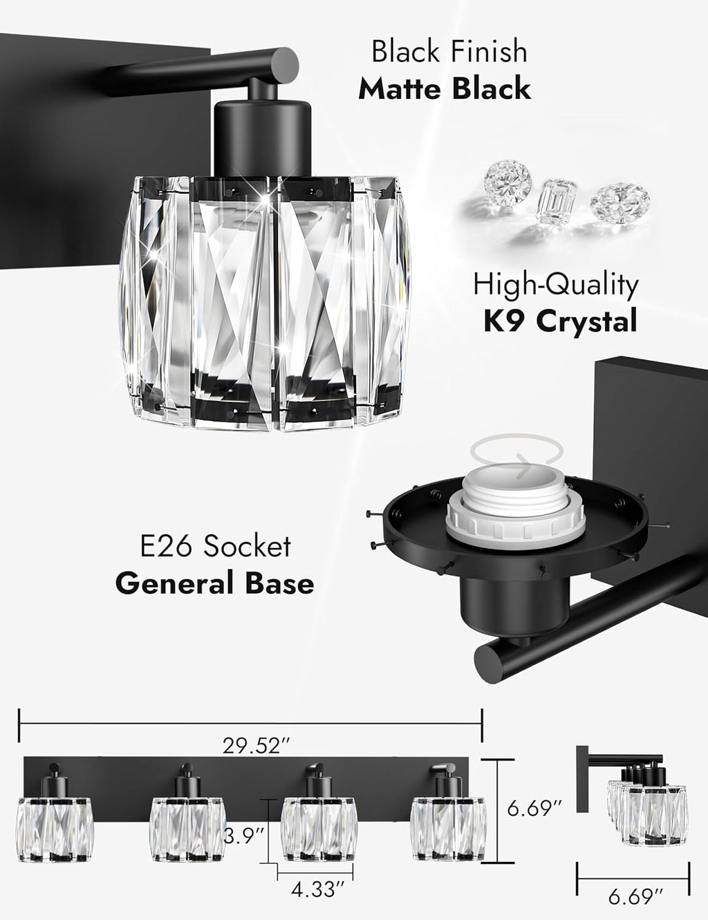 VOLISUN Crystal Vanity Lights for Bathrooms, 4 Light Bathroom Vanity Light, Modern Matte Black Bathroom Light Over Mirror, Black Bathrooms Lights Fixtures-UL Certificated(Exclude Bulb)