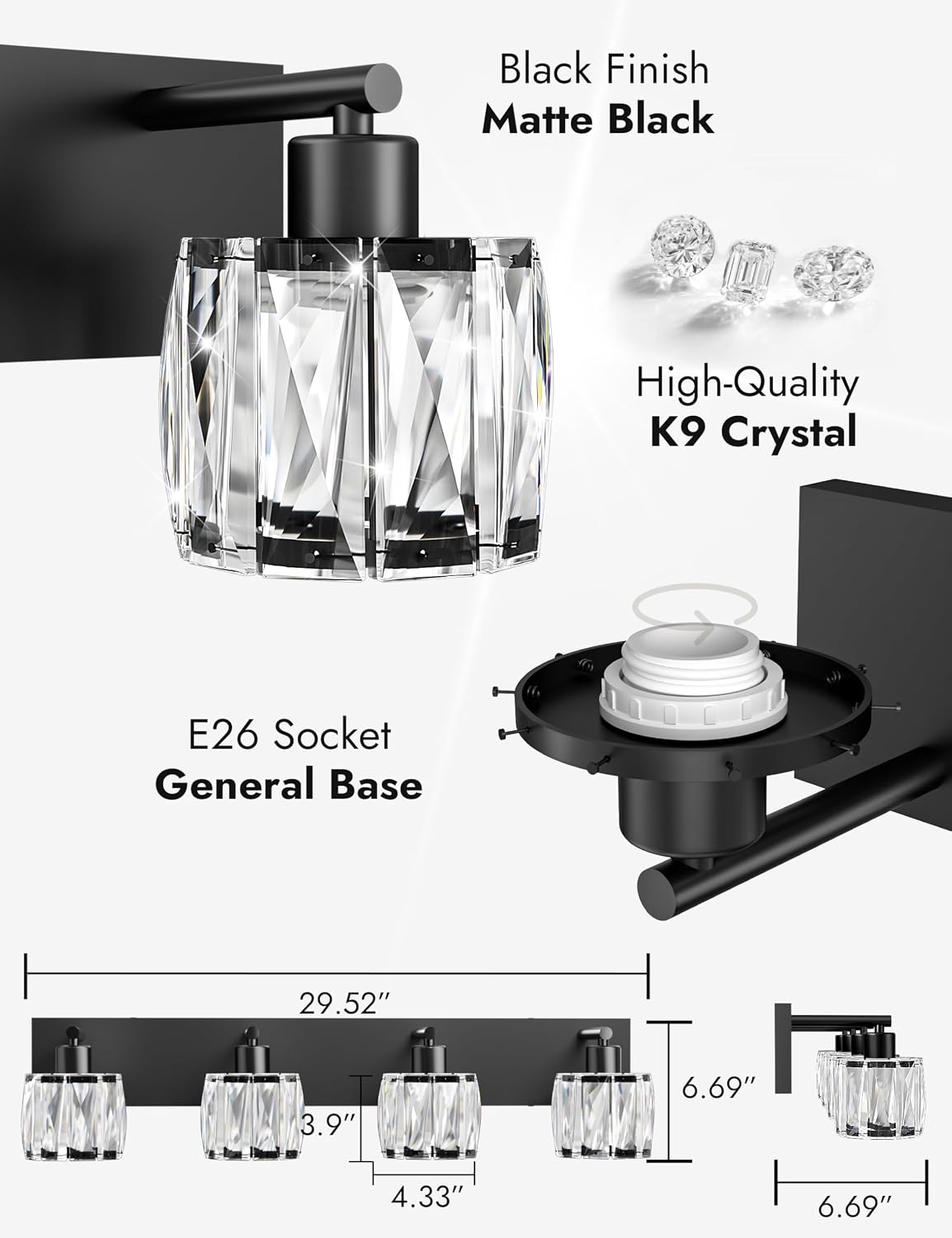 VOLISUN Crystal Vanity Lights for Bathrooms, 4 Light Bathroom Vanity Light, Modern Matte Black Bathroom Light Over Mirror, Black Bathrooms Lights Fixtures-UL Certificated(Exclude Bulb)