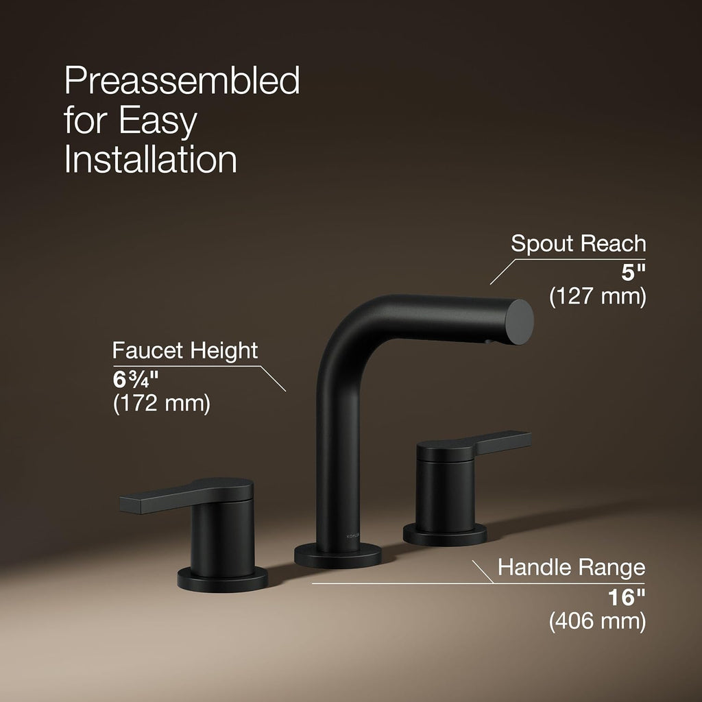 KOHLER K-33592-4K-BL Elate® Widespread Bathroom Sink Faucet, Durable Brass Bathroom Faucets, Sleek Finish, 1.0 GPM, Matte Black