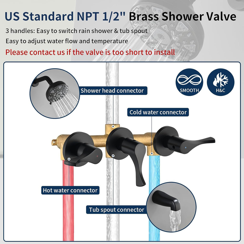 Matte Black 3 Handles Shower Faucet Set with Tub Spout Bathtub Shower Faucets Combo Set Shower System Complete Tub and Shower Trim Kit Shower Fixtures