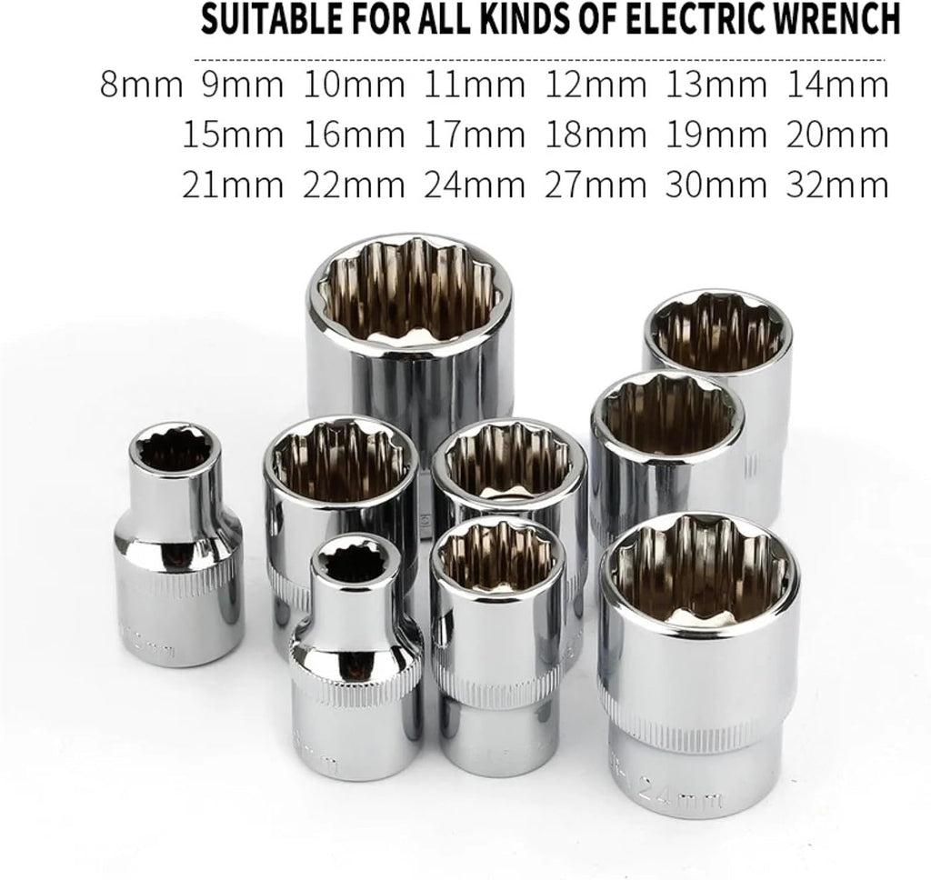 1Pcs 1/2' Square Drive 12-point Socket Bit Ratchet wrench Hand Tool Kit 12 Angles Plum Blossom Sleeve 8-32mm(8-32mm 19pcs)