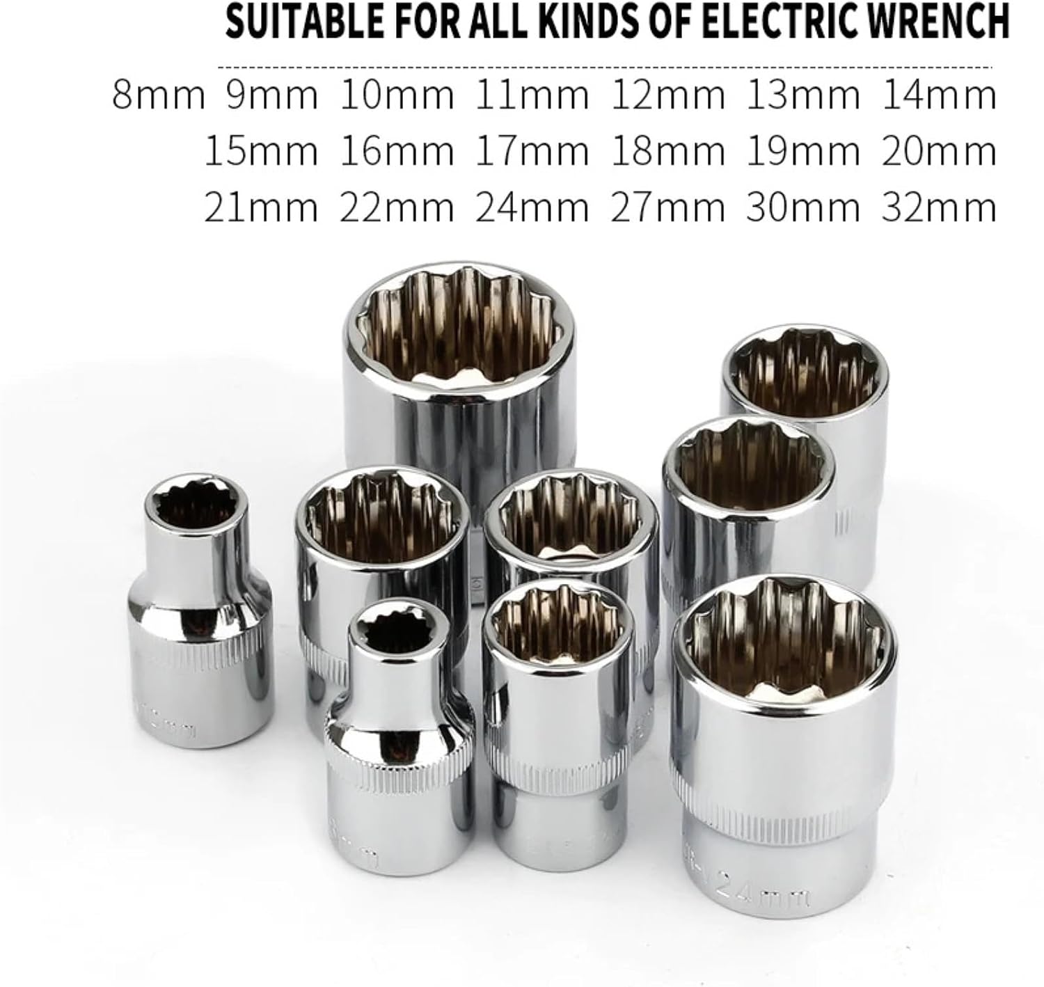1Pcs 1/2' Square Drive 12-point Socket Bit Ratchet wrench Hand Tool Kit 12 Angles Plum Blossom Sleeve 8-32mm(8-32mm 19pcs)