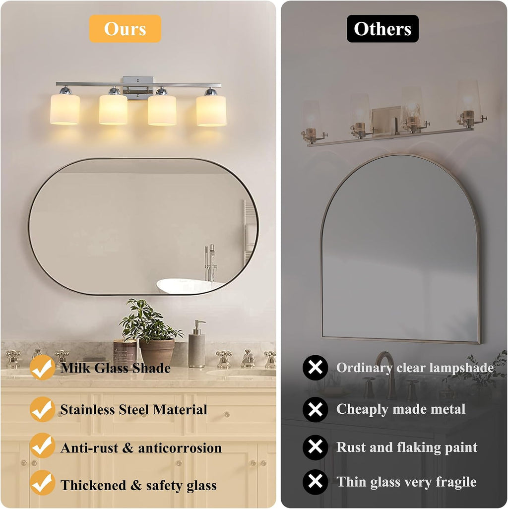 Mecgirn Stainless Steel Milk Glass Vanity Lights for Bathroom, 4 Light Chrome Bathroom Light Fixtures Over Mirror, Ceramic E26 Sockets Wall Mounted