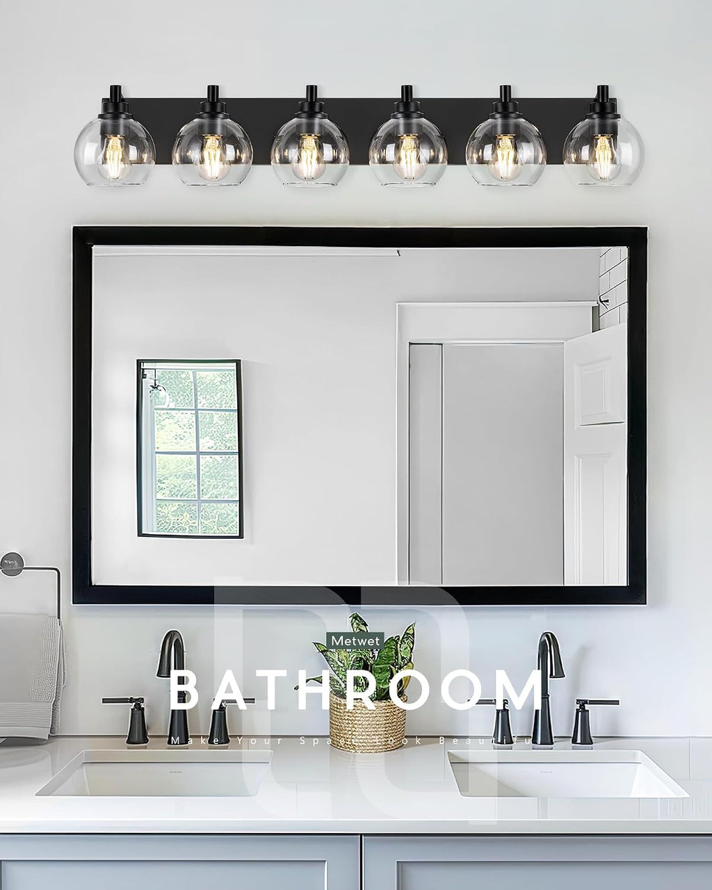 Bathroom Light Fixtures, 6 Light Matte Black Vanity Light, 38 Inch Modern Wall Sconces with Globe Clear Glass Shade, Vanity Lighting Fixtures Over Mirror, VL195-MB-6