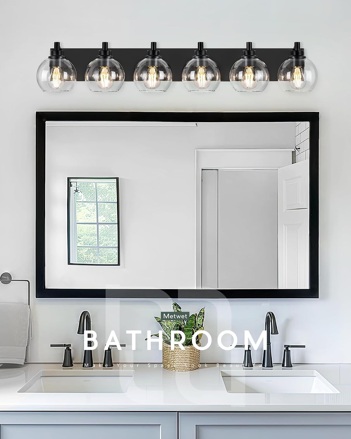 Bathroom Light Fixtures, 6 Light Matte Black Vanity Light, 38 Inch Modern Wall Sconces with Globe Clear Glass Shade, Vanity Lighting Fixtures Over Mirror, VL195-MB-6
