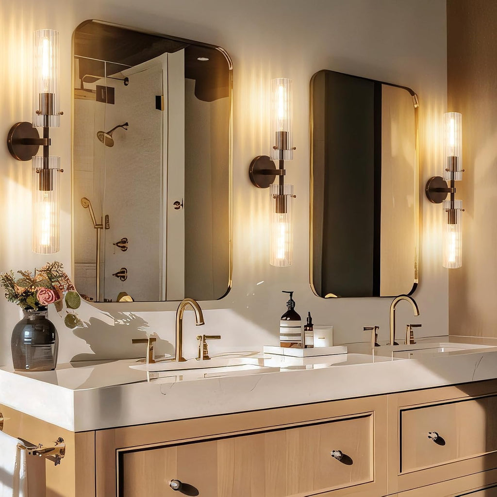 Brass Bronze 2-Light Knurled Wall Sconce, Dual-Head Vanity Lamp with Vertical Striped Glass Tube, Bathroom Wall Sconces, Wall Lights for Living Room Bedroom Hallway Kitchen Bathroom Mirror