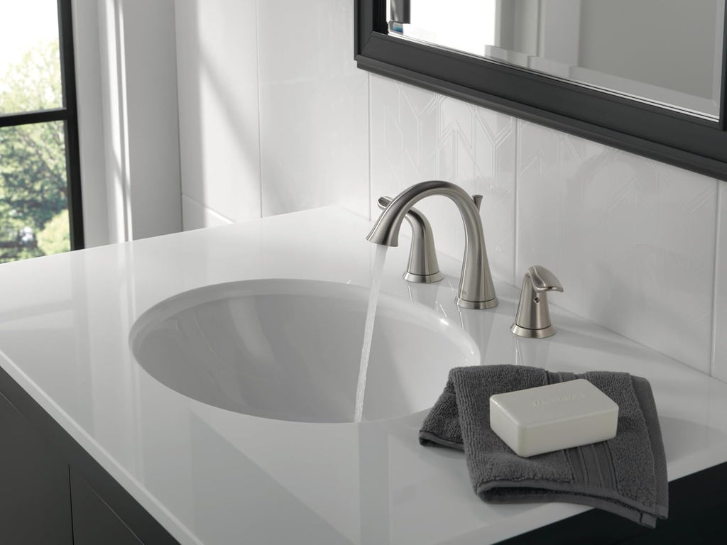 Delta Lahara Brushed Nickel Bathroom Faucet 3 Hole, 8 Inch Widespread Bathroom Sink Faucet for Vanity, Metal Push-Pop Drain Assembly, Stainless 3538-SSMPU-DST