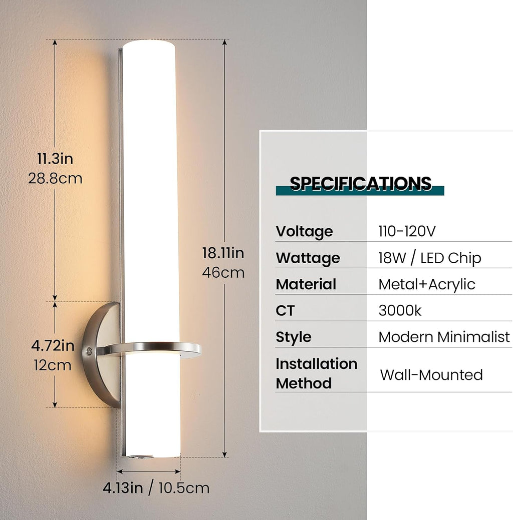 AIJIASI Brushed Nickel Bathroom Sconces Wall Lighting 18W LED Dimmable Vanity Light Fixture, 3000K Modern Wall Light Fixtures Indoor Wall Lamps for Bedroom Living Room Mirror Hallway Porch 18 inch