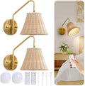 Boho Rattan Rechargeable Wall Sconce,Gold Swing Arm Wall Sconces Set of 2 Battery Operated,4200mAh Battery Operated Wall Sconce,Dimmable Remote Rechargeable Wall Lights for Bedroom,Living Room