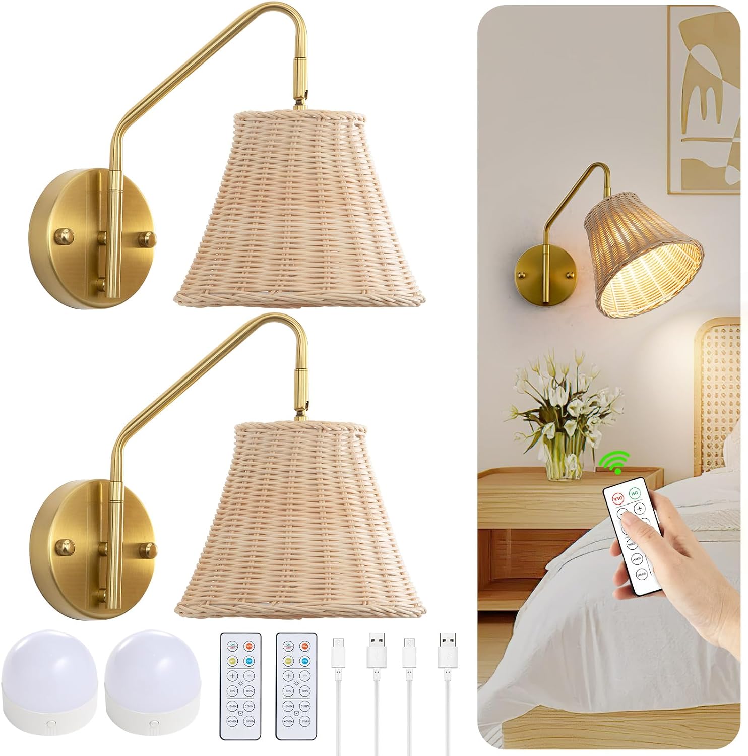 Boho Rattan Rechargeable Wall Sconce,Gold Swing Arm Wall Sconces Set of 2 Battery Operated,4200mAh Battery Operated Wall Sconce,Dimmable Remote Rechargeable Wall Lights for Bedroom,Living Room