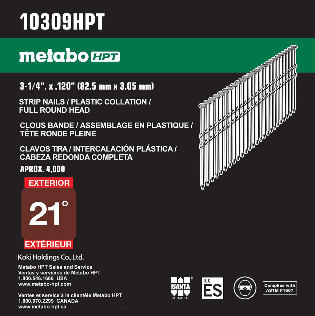 Metabo HPT Framing Nails | 3-1/4 In. x .120 | 21 Degree | Full Round Head | Ring Shank | Hot Dipped Galvanized | 4,000 Count | 10309HPT