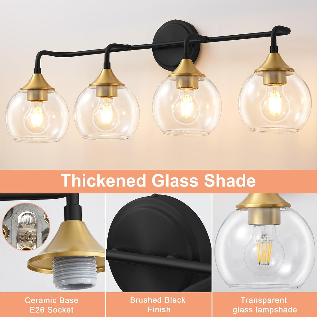 Bathroom Vanity Light with Clear Glass Shade, E26 Base, 31 Inch Vanity Lighting Fixtures Over Mirror, Vanity Lights for Bathroom (Exclude E26 Bulb) - Black and Gold, 4-Lights