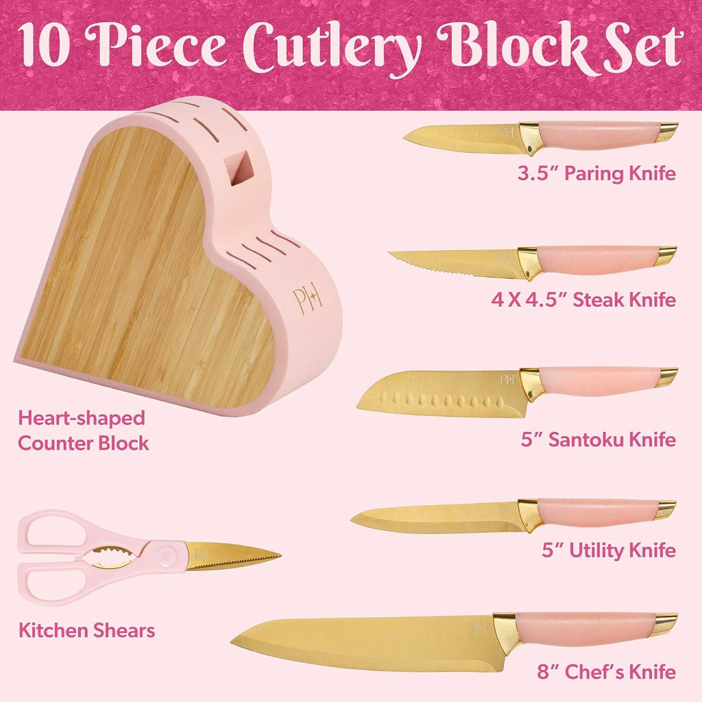 10-Piece Heart Knife Set – Stainless Steel Blades with Acrylic Block for Modern Kitchen Décor (Pink)