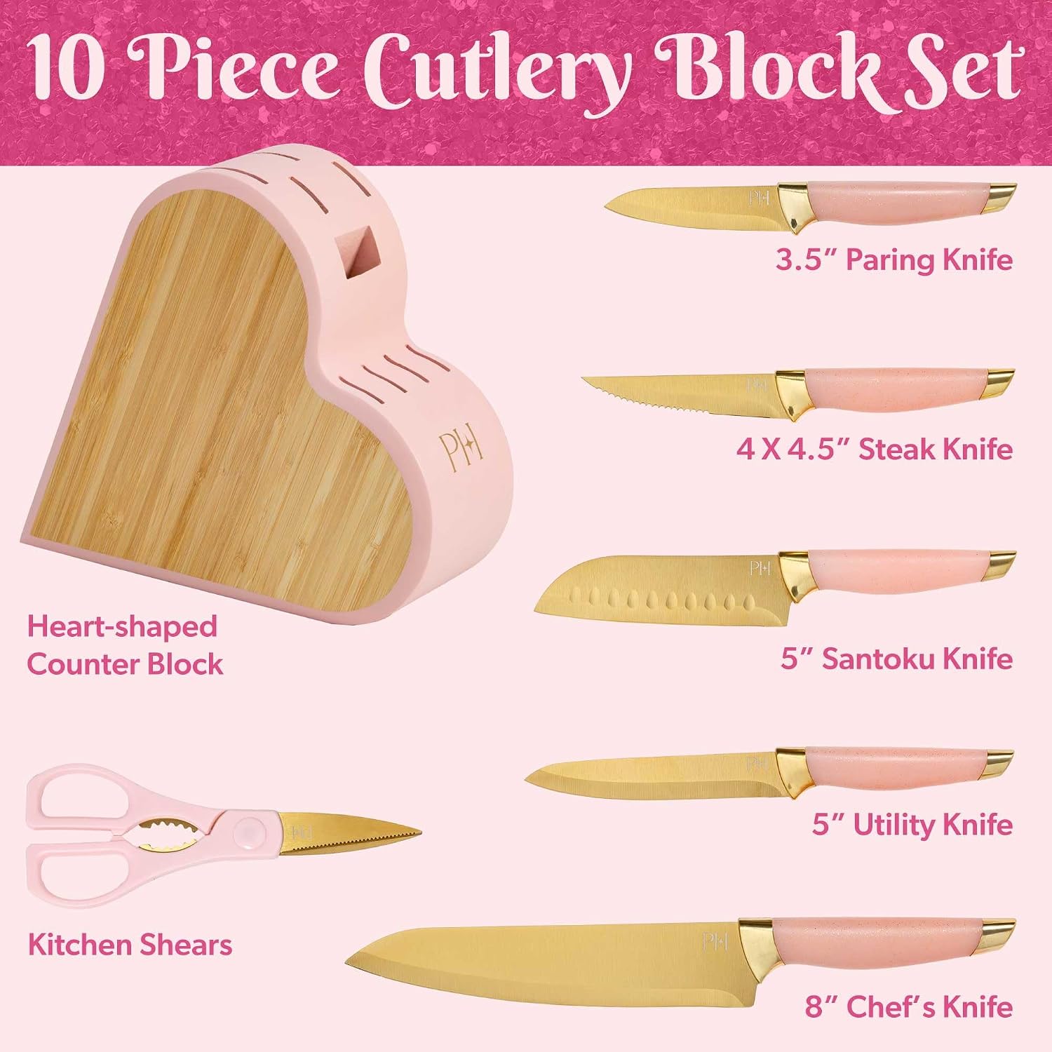 10-Piece Heart Knife Set – Stainless Steel Blades with Acrylic Block for Modern Kitchen Décor (Pink)