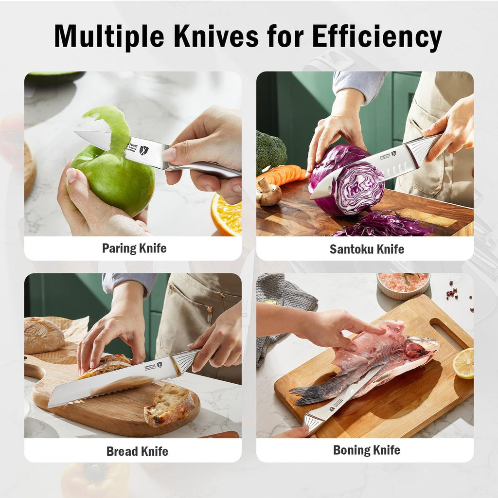 KINGSTONE Kitchen Knife Set with Block,14 Pcs German Stainless Steel Knife Set with Built-in Sharpener, Dishwasher Safe Knife Block Set (walnut, 14pcs)