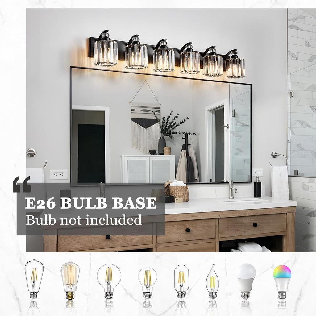 6-Light Black Bathroom Light Fixture Modern Vanity Lights Over Mirror Vintage Wall Sconce Lighting for Bathroom, Bedroom, Living Room, Hallway E26 Base with Crystal Bathroom Vanity Light