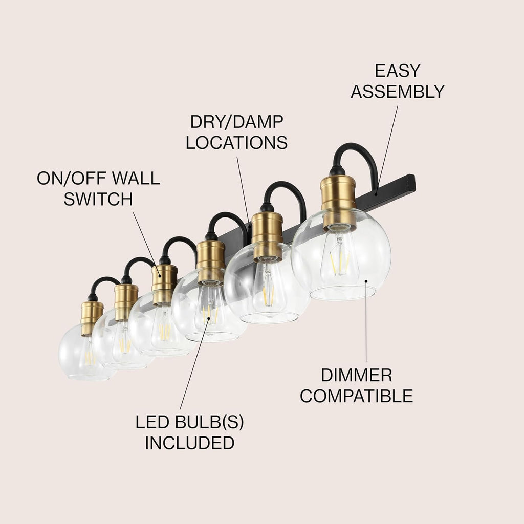 JONATHAN Y 44.25' Black/Brass Gold Vintage Wall Sconce, LED Vanity Light for Bathroom Bedroom Entryway, Clear Glass Globe Shade, Modern Industrial Arched Lamp, LED Bulb Included (JYL3557A)