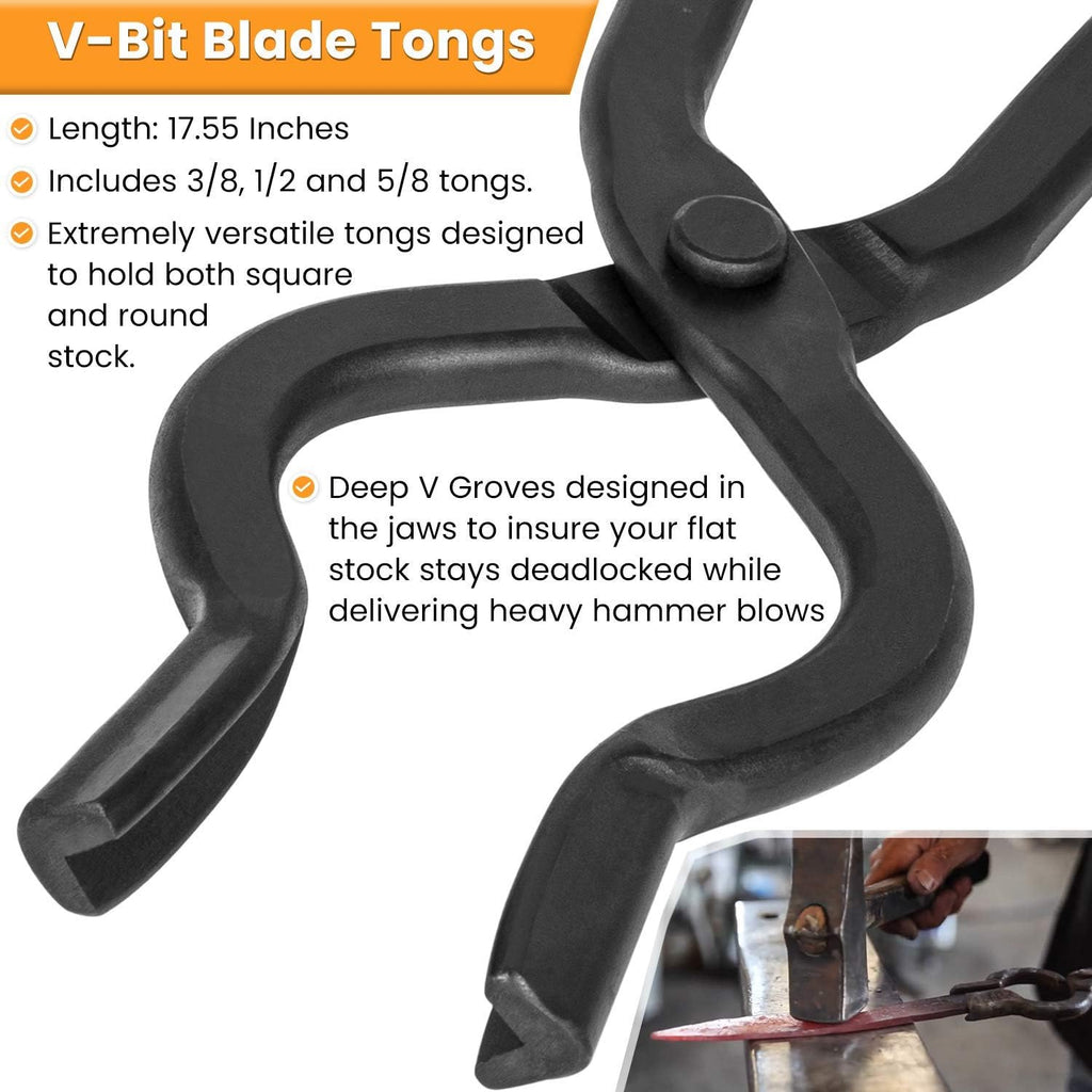 Beginner Blacksmith Tongs Knife Making Tong Set Bladesmith Forge Tong Tools Set Anvil Vise Includes 1/4 Flat Jaw, Pick Up, Scroll, 3/8 1/2 5/8 V-Bit Tongs (6 Piece)