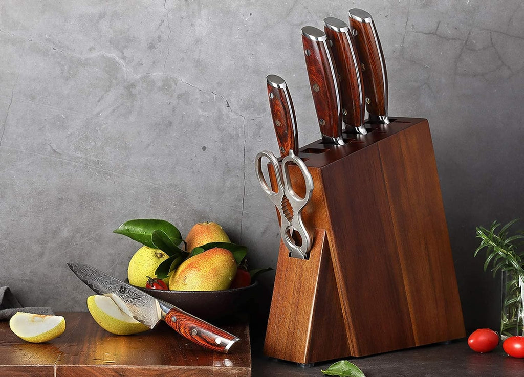 XINZUO 7PCS Knife Block Set,Professional Damascus Steel Chef Knife Santoku Bread Utility Fruit Knife with Multifunctional Kitchen Shears,Ergonomic Rosewood Handle