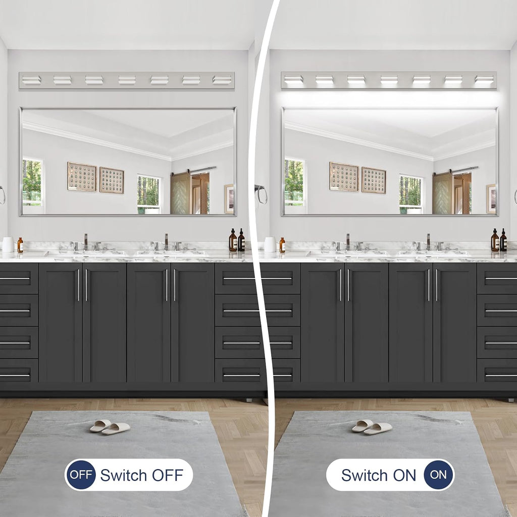 SineRise LED Modern Bathroom Vanity Light Fixtures (7-Light, 55-Inch), Brushed Nickel Modern Acrylic Bathroom Wall Lighting Fixtures Over Mirror (Cool White 6000K)