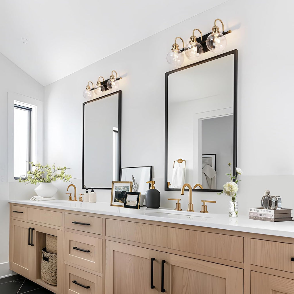 KSANA Black Gold Vanity Light, Modern 3-Light Bathroom Light Fixture with Clear Glass Globes, Electroplating Brass 22'L Vanity Lighting Over Mirror