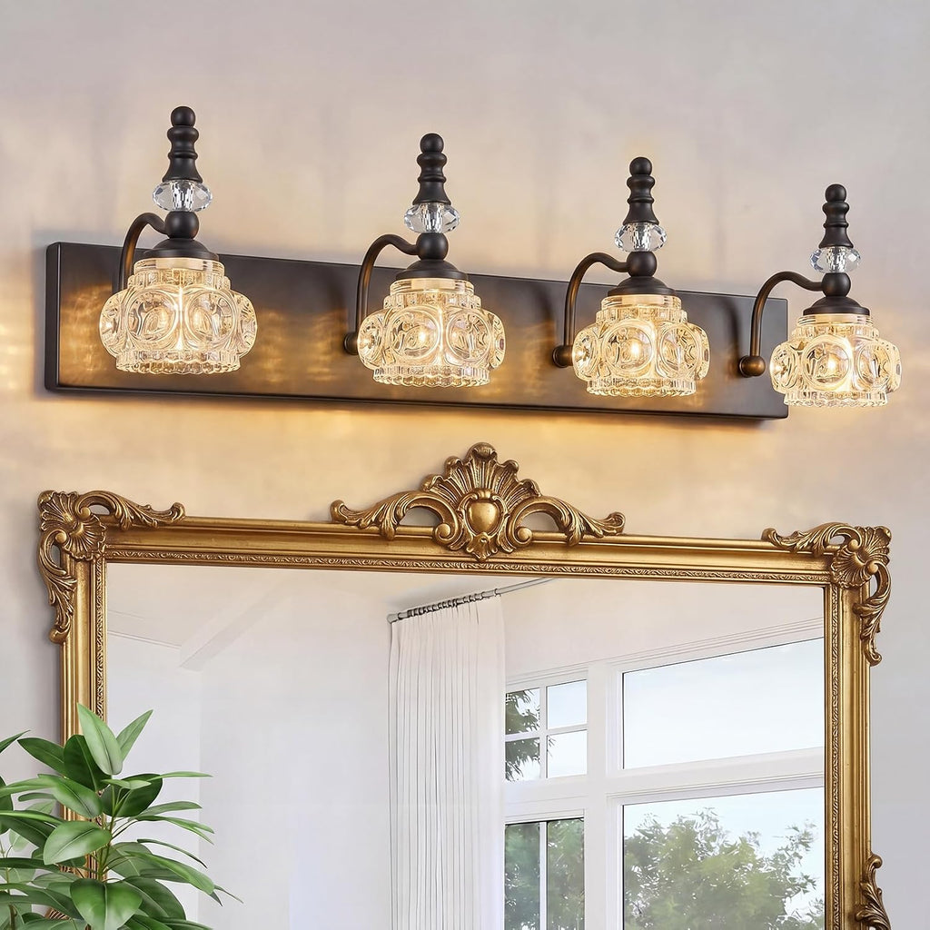 Bathroom Light Fixtures, Modern Glass Crystal Bathroom Vanity Light Vintage Bathroom Lighting Fixtures Over Mirror 4 Light Vanity Lights G9 Bulb (27.55 Inch, Black Gold)