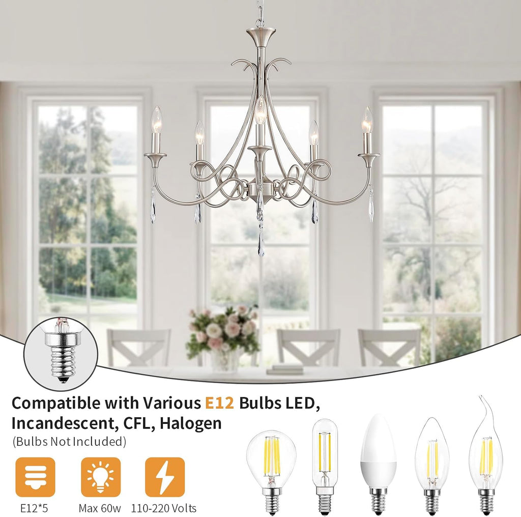 5-Light Farmhouse Chandeliers for Dining Room Lighting Fixtures Hanging, Rustic Candle Modern Chandelier Vintage Hanging Ceiling Lamp for Bedroom Kitchen Island Living Room Entryway Foyer, Nickel