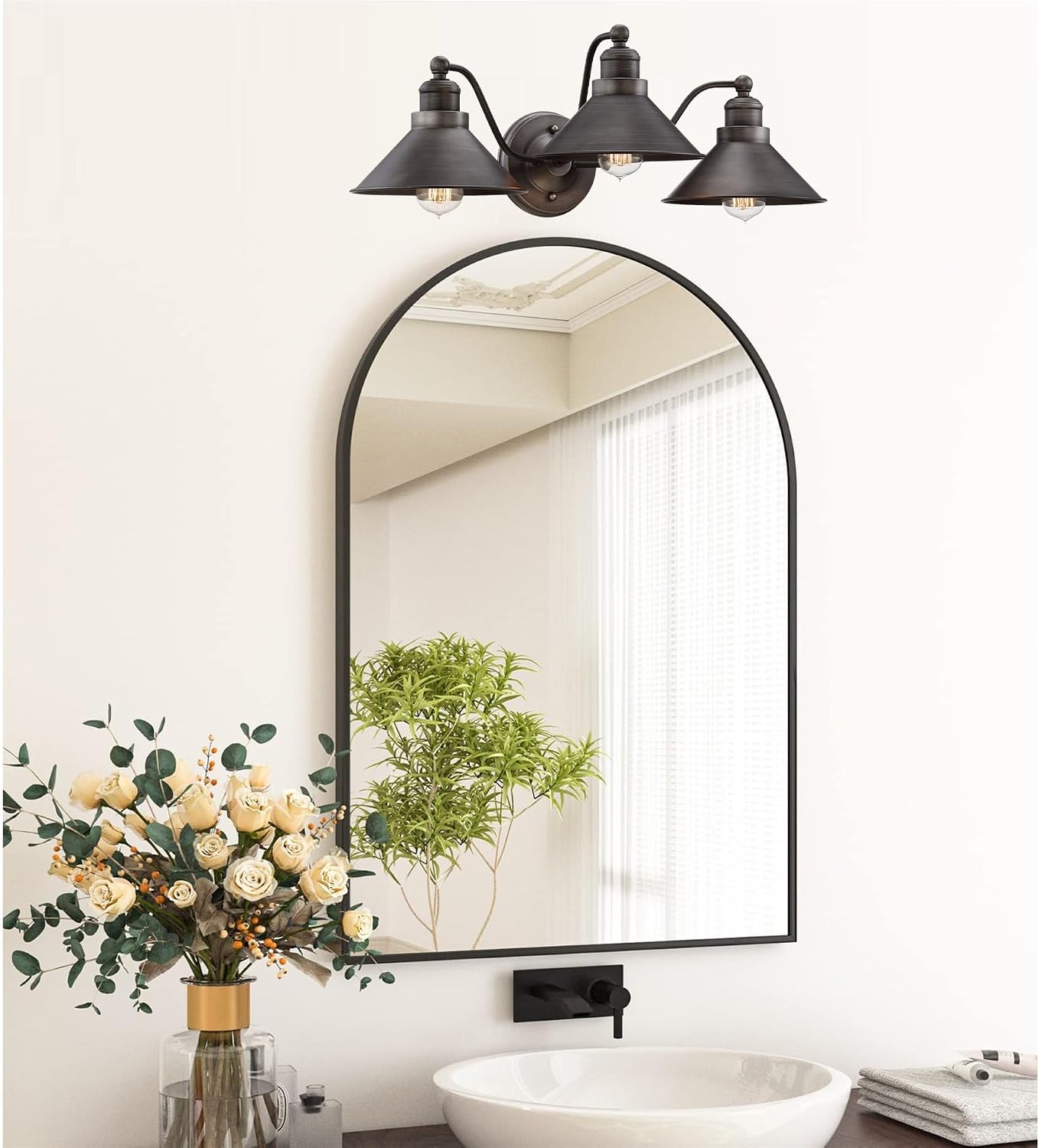 Kira Home Welton 25.5' 3-Light Modern Farmhouse Vanity Light with Funnel Shades, Industrial Dark Bronze Wall Sconce Bathroom Light, Brushed Dark Bronze Finish