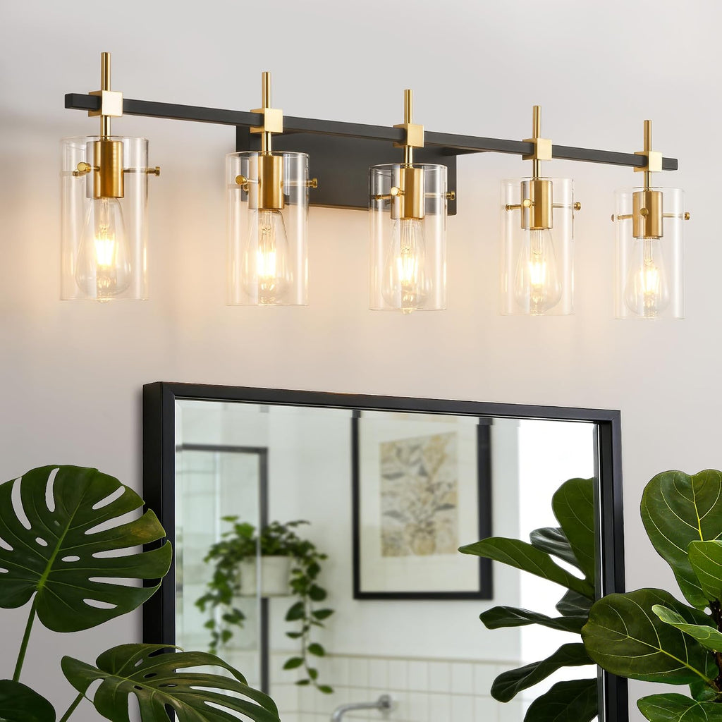 SOLFART 40.1 inch Vintage Brass Bathroom Vanity Light fixtures Bathroom Wall Lights Over Mirror with Glass Shade 5 Light