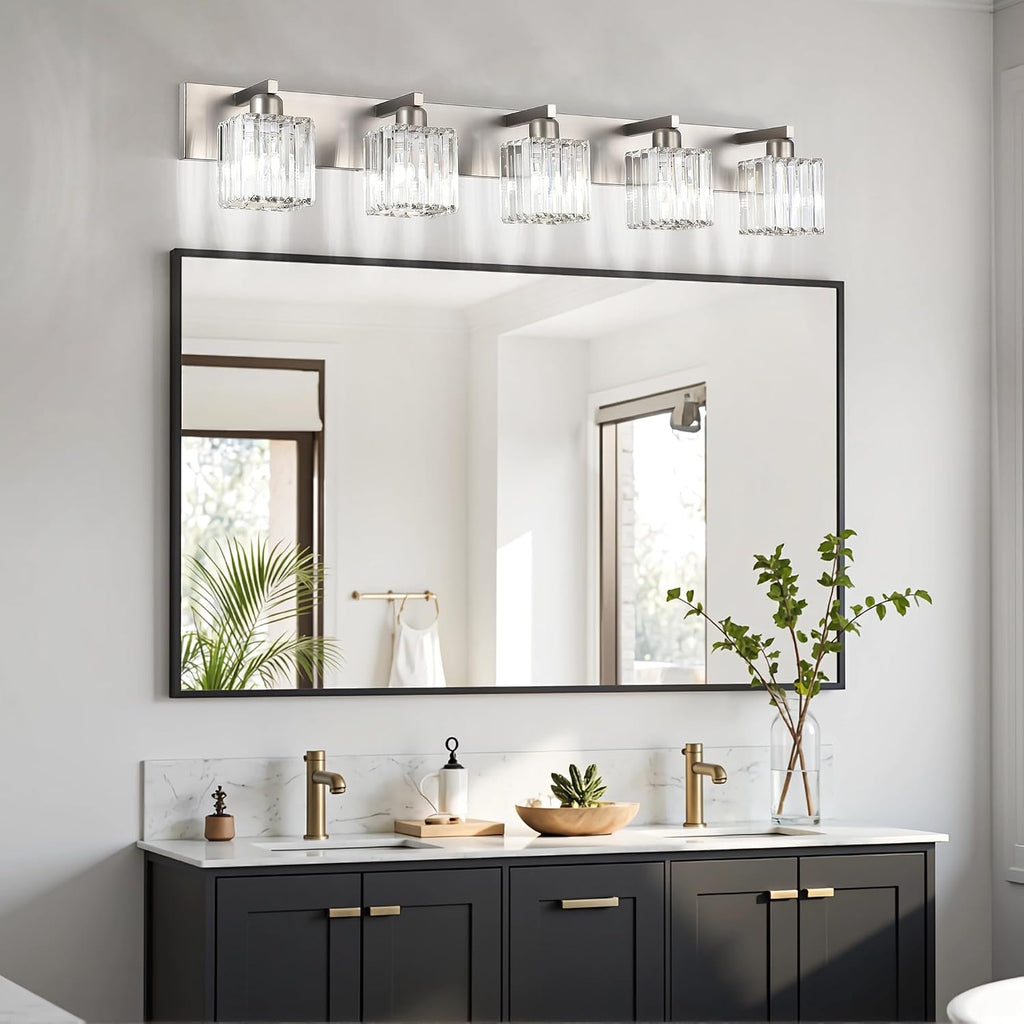 Aipsun Brushed Nickel Bathroom Lighting Fixtures 5 Light Vanity Light Crystal Modern Bathroom Vanity Light (Exclude Bulb)