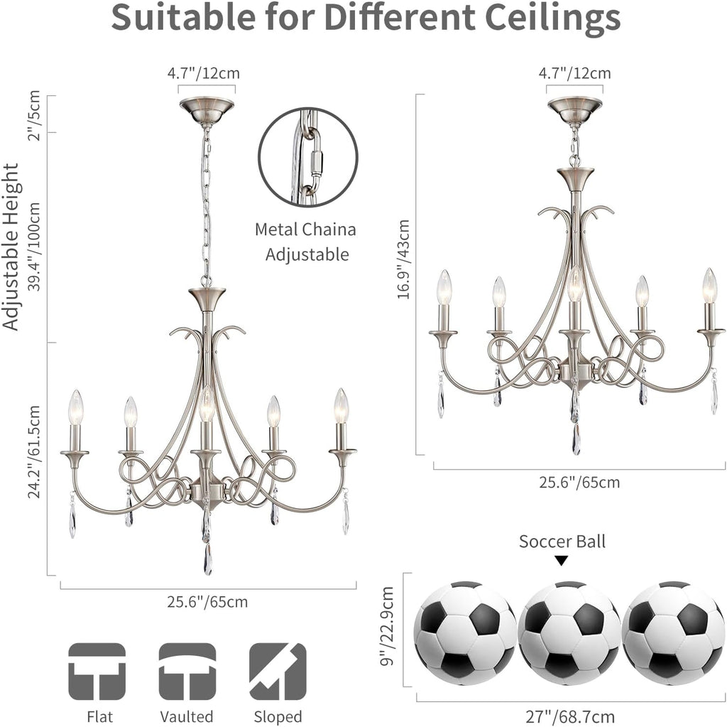 5-Light Farmhouse Chandeliers for Dining Room Lighting Fixtures Hanging, Rustic Candle Modern Chandelier Vintage Hanging Ceiling Lamp for Bedroom Kitchen Island Living Room Entryway Foyer, Nickel