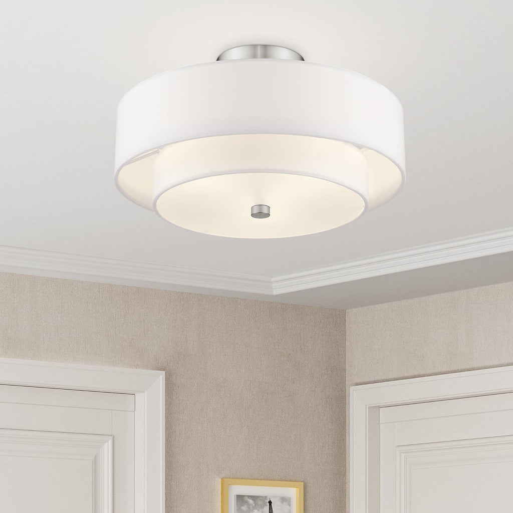 Livex Lighting 51044-91 Brushed Nickel Flush Mount with Off-White Fabric Hardback Shade