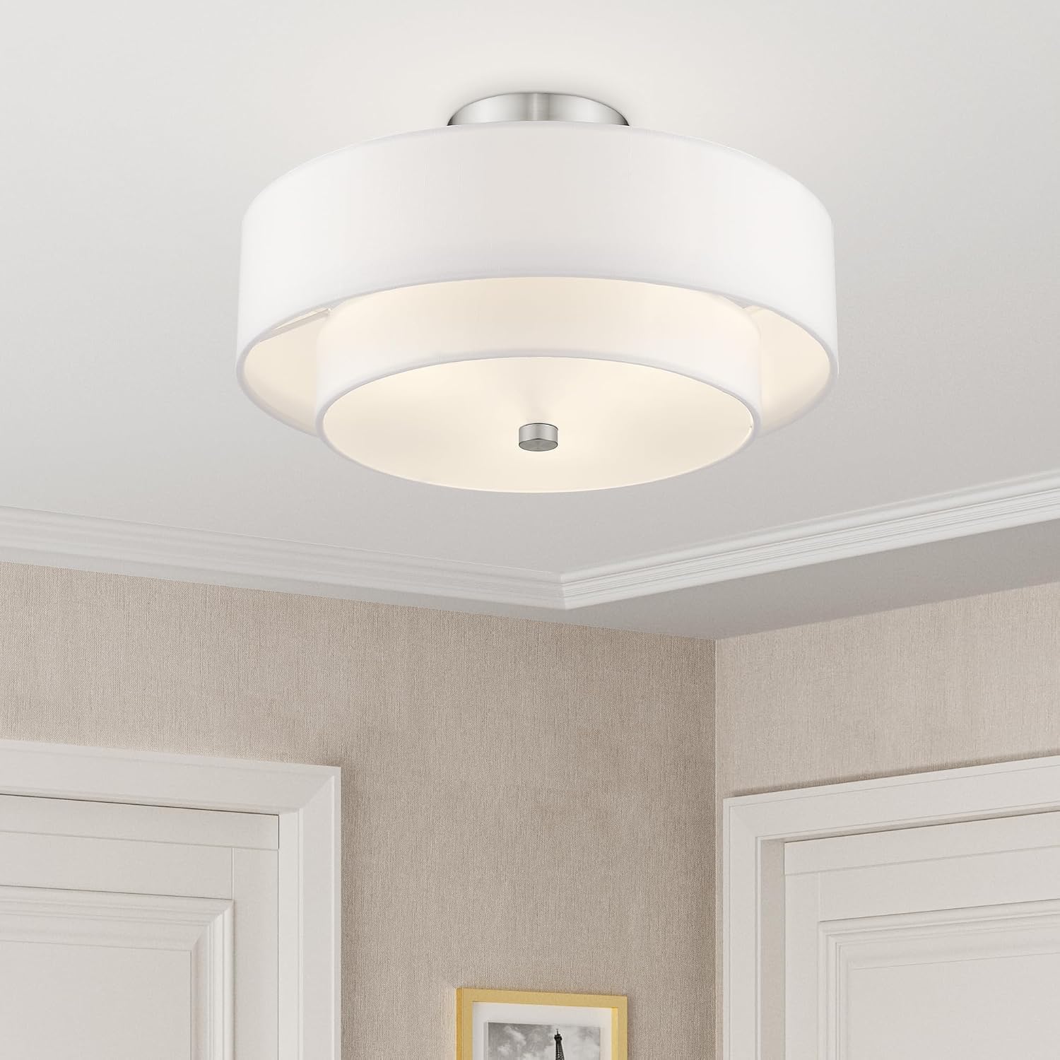 Livex Lighting 51044-91 Brushed Nickel Flush Mount with Off-White Fabric Hardback Shade