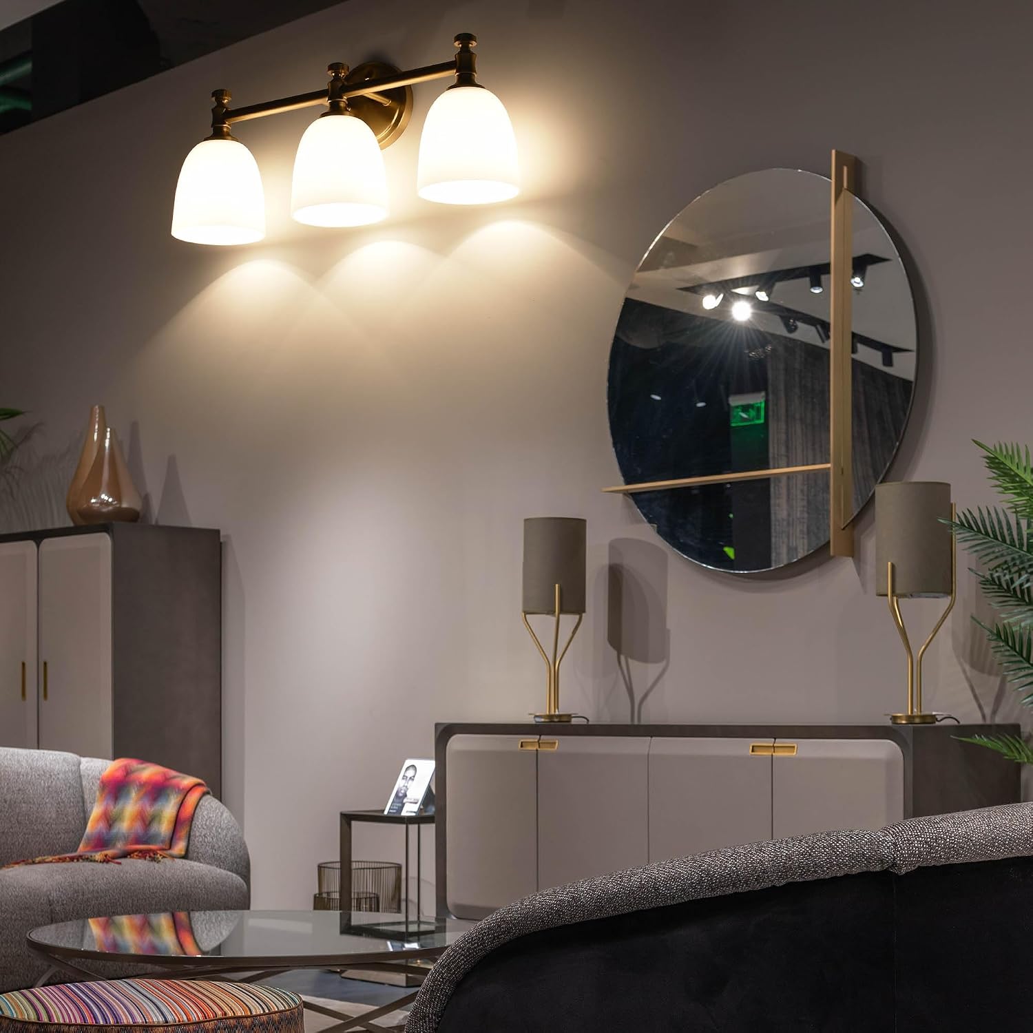 Gold Bathroom Vanity Light, 3-Light Bathroom Light Fixtures Over Mirror, Traditional Vanity Lights for Living Room, Milk White Bell Glass Shades, Standard E26 Base, Aged Brass