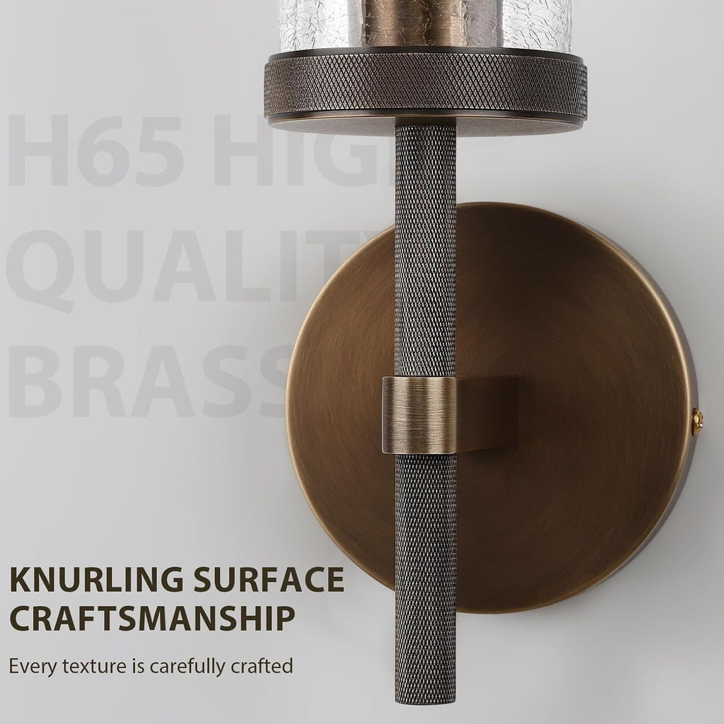 19.5' Knurled Brass Wall Sconce with Crackle Glass Tube, Bronze Bathroom Vanity Light Fixtures, Modern Lamp Lighting for Bedroom, Living Room, Hallway, Staircase, Mirror, Kitchen