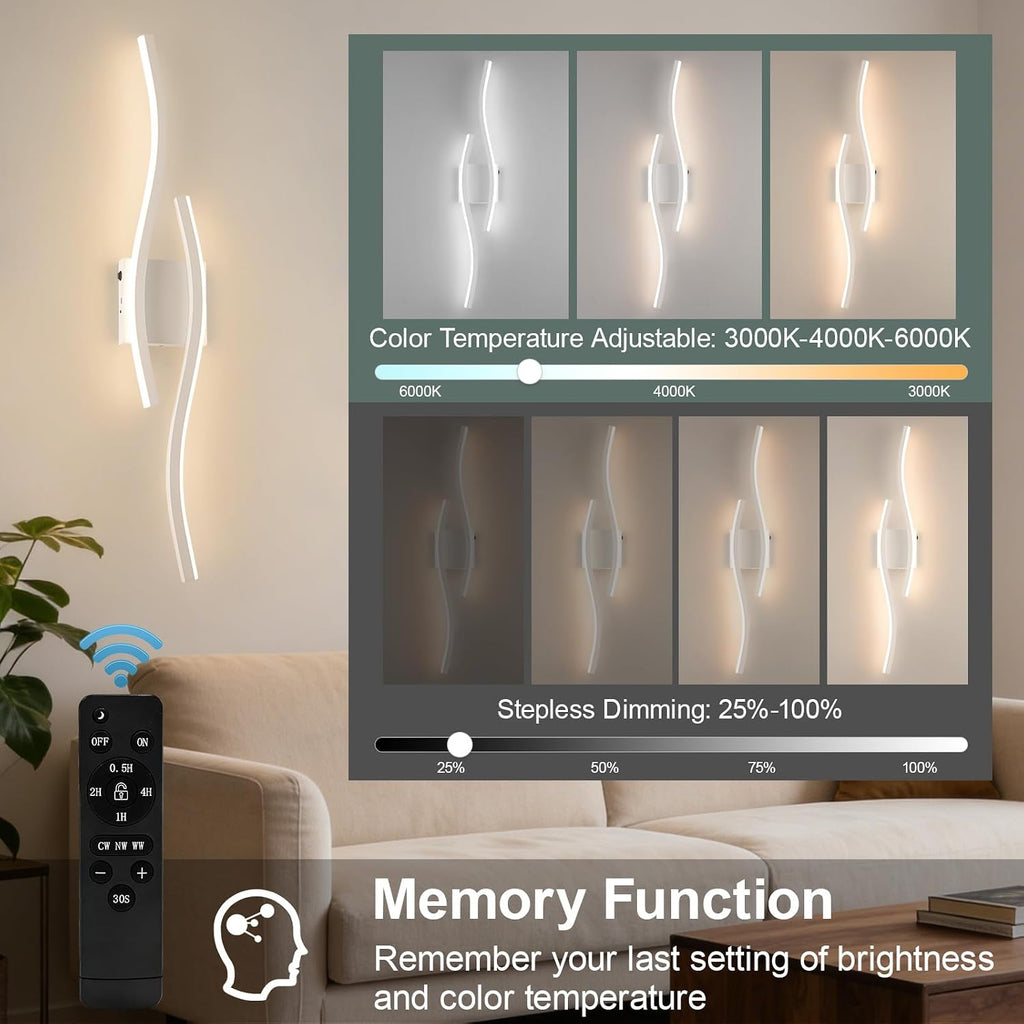 Modern LED Wall Sconce Set of Two, Dimmable Battery Powered Wall Sconces, 3000K-6500K LED Wireless Wall Light with Remote, Wall Lamp Indoor not Hardwired for Room Bedroom Corridor（White）