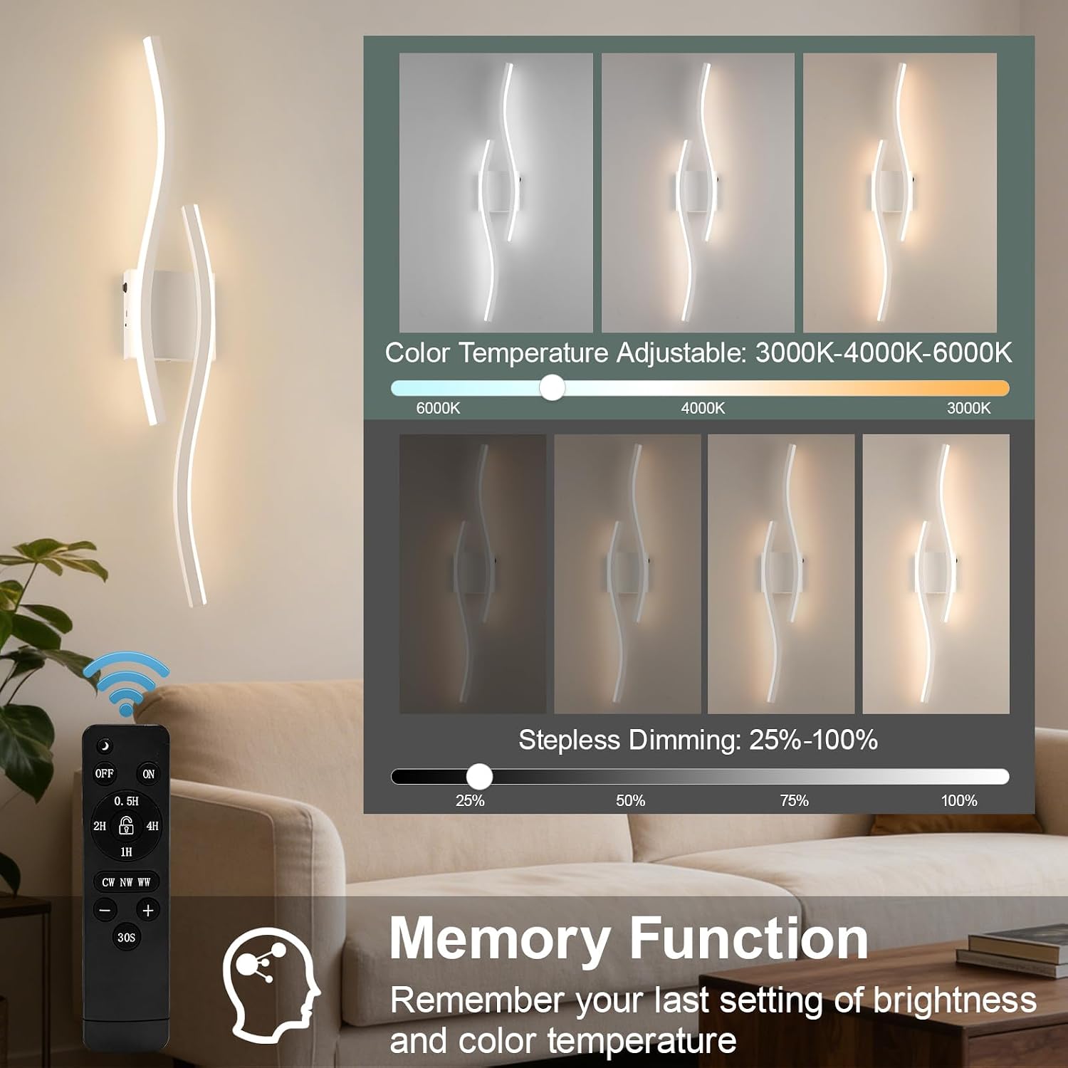 Modern LED Wall Sconce Set of Two, Dimmable Battery Powered Wall Sconces, 3000K-6500K LED Wireless Wall Light with Remote, Wall Lamp Indoor not Hardwired for Room Bedroom Corridor（White）