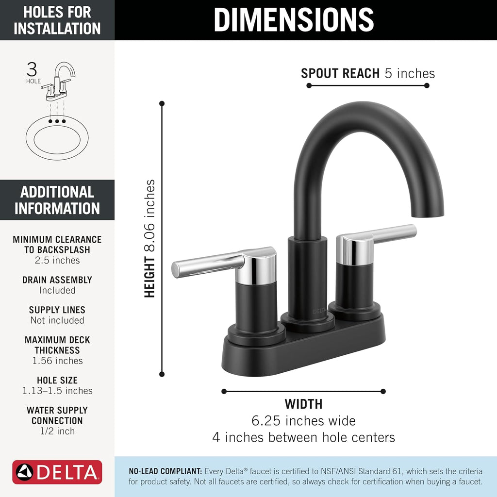 Delta Nicoli Centerset Matte Black/Chrome Bathroom Faucet, 4 Inch 3 Hole Bathroom Sink Faucet for Vanity, Push-Pop Drain Assembly, Matte Black/Chrome 25749LF-CS
