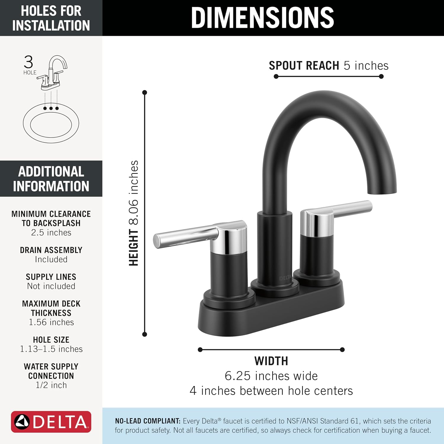 Delta Nicoli Centerset Matte Black/Chrome Bathroom Faucet, 4 Inch 3 Hole Bathroom Sink Faucet for Vanity, Push-Pop Drain Assembly, Matte Black/Chrome 25749LF-CS