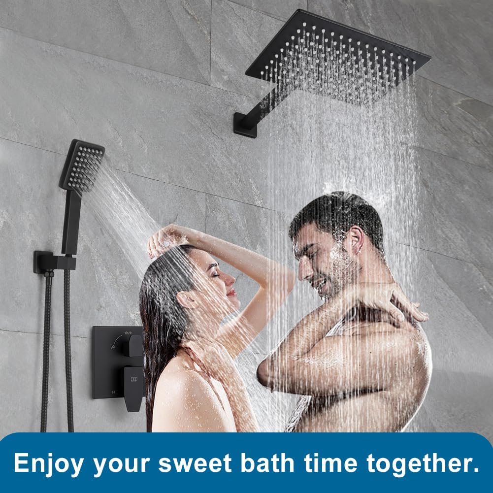 Matte Black Shower Faucet Set Rainfall 12 Inch Shower Head and Handle Set Bathroom Rain Shower System Wall Mounted Shower Fixture Include Shower Valve and Trim Kit
