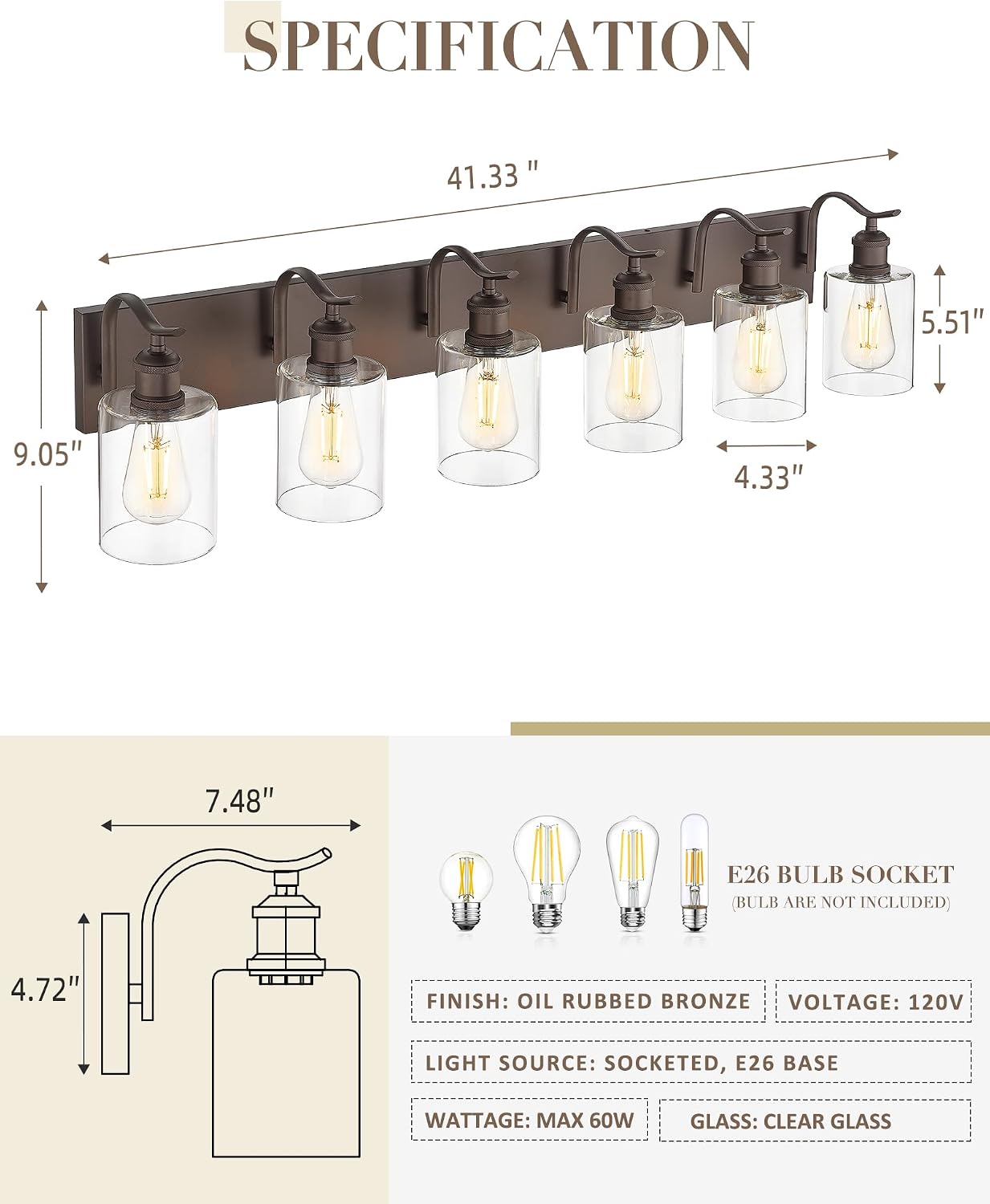 Bathroom Vanity Light Fixtures 6-Light Clear Glass Modern Wall Mounted Over Mirror Oil Rubbed Bronze - VL01ORB-6